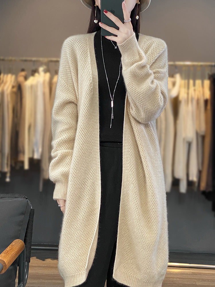 Ladies Long Open Knit Cardigan with Seed Pattern and Ribbed Finishes Chichicherry