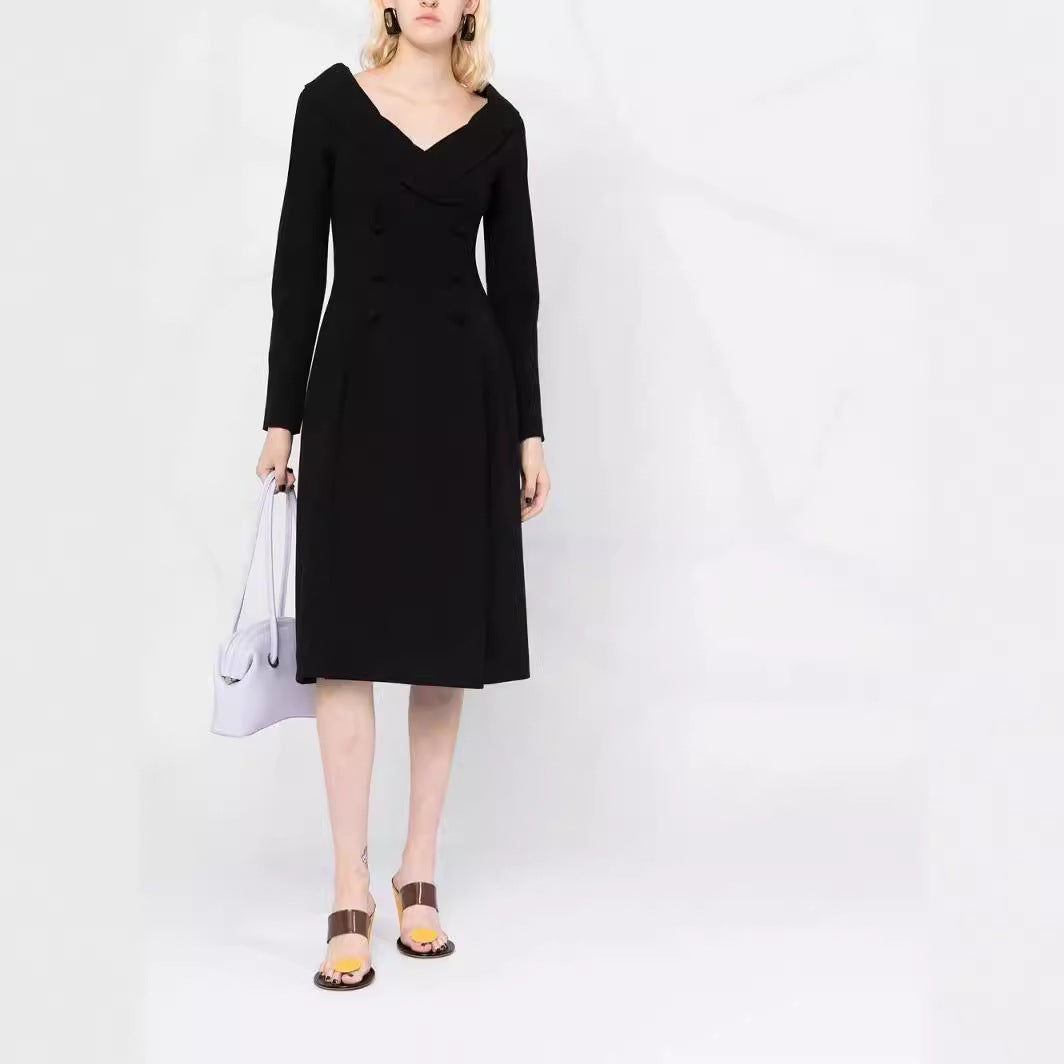 Women's maxi dress in coat look with off-the-shoulder collar and double row Chichicherry