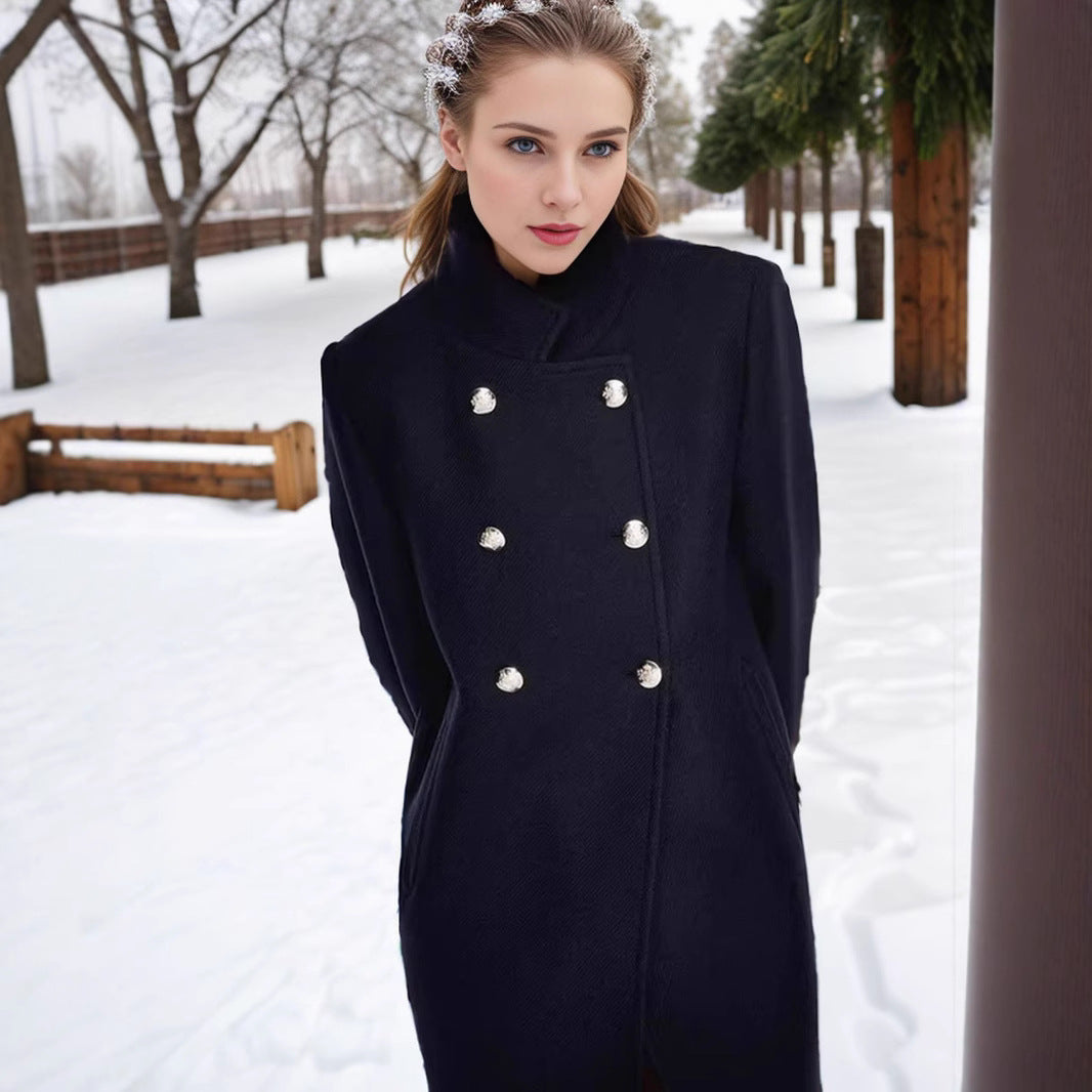 Ladies Double-Breasted Mini Coat with Stand Collar and Decorative Metal Buttons Chichicherry