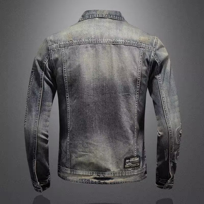 Herren Vintage-Jeansjacke mit Used-Effekten, Destroyed-Details und aufgesetzten Brusttaschen Chichicherry
