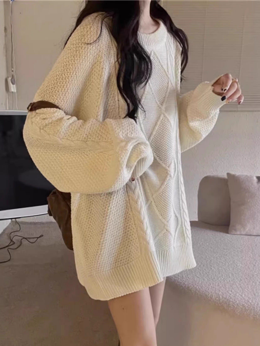 Women Oversize Cable Knit Long Sweater with Round Neck and Balloon Sleeves Chichicherry