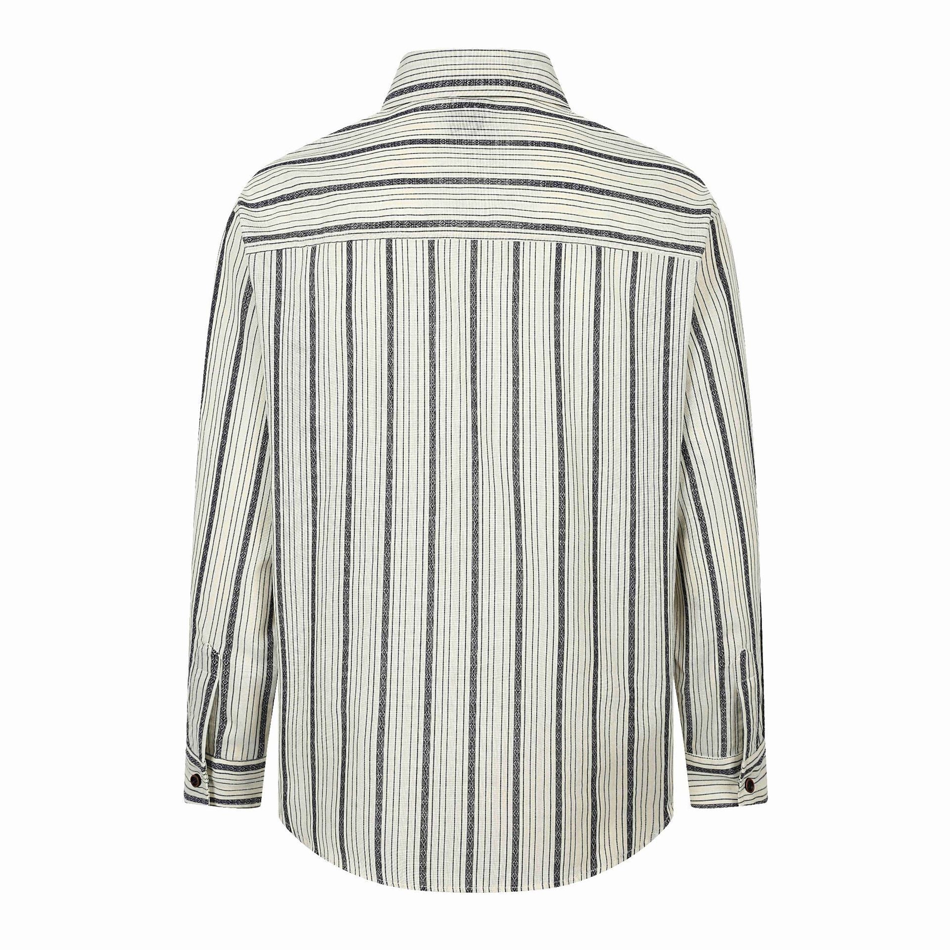 Men's Coarse Woven Long Sleeve Shirt with Vertical Stripe Pattern, Kent Collar and Decorative Button Details Chichicherry