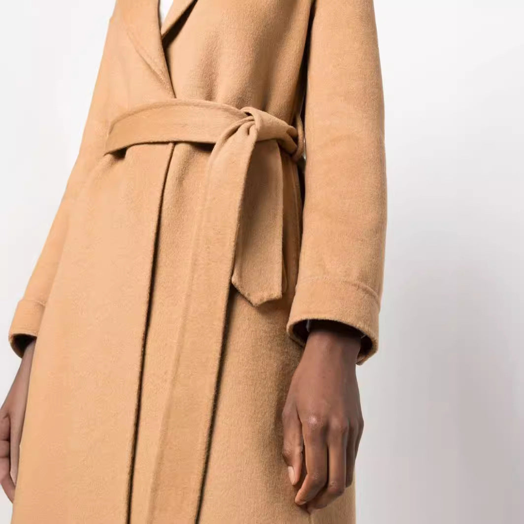 Women's Midi-Length Wrap Coat in Clean-Cut made of Wool-Cashmere Blend with Tie Belt Chichicherry