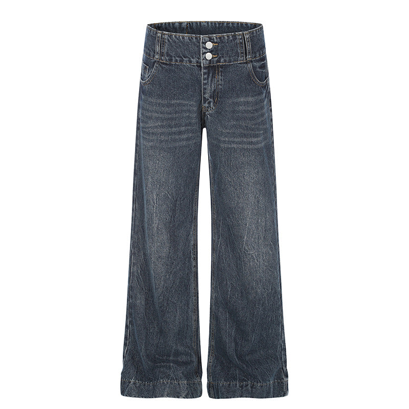 Women High-Waist Wide Palazzo Jeans with Double Button and Flared Leg Chichicherry