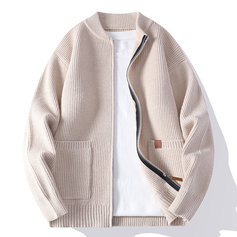 Men's Structured Bomber Cardigan with Full Metal Zip and Patch Pockets Chichicherry