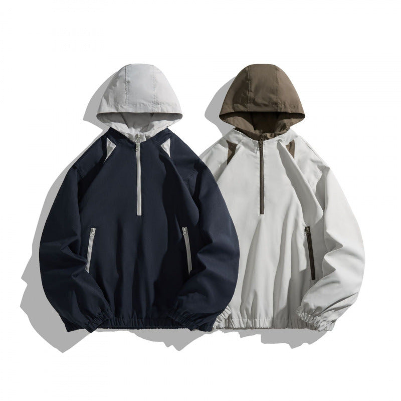Unisex Oversize Half-zip Hoodie with Contrast Hood, Zipper Pockets and Elastic Hem Chichicherry