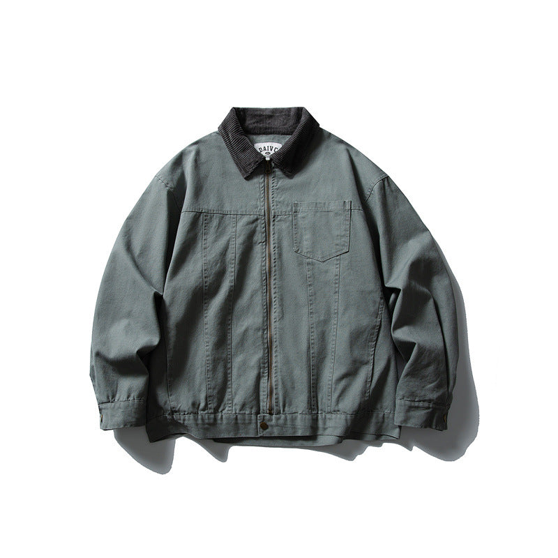 Men's Boxy Canvas Blouson Jacket with Cord Collar and Full-Length Zipper Chichicherry