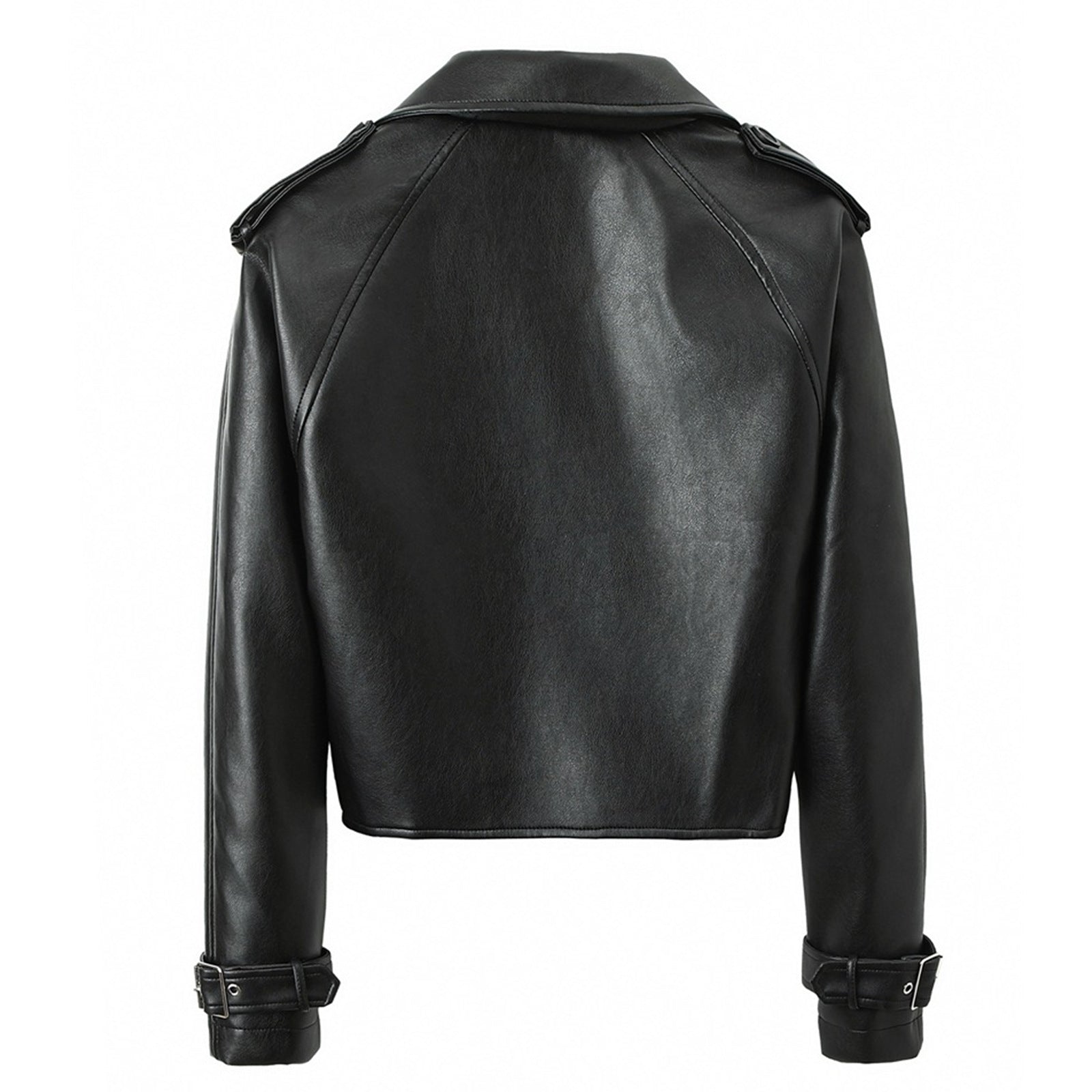 Women's Cropped Biker Trench made of soft faux leather with shoulder straps and buckle cuffs Chichicherry