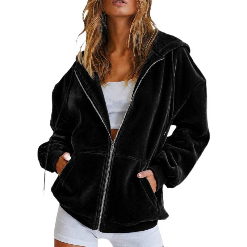 Ladies velours zip jacket with kangaroo pockets and drawstring hood Chichicherry