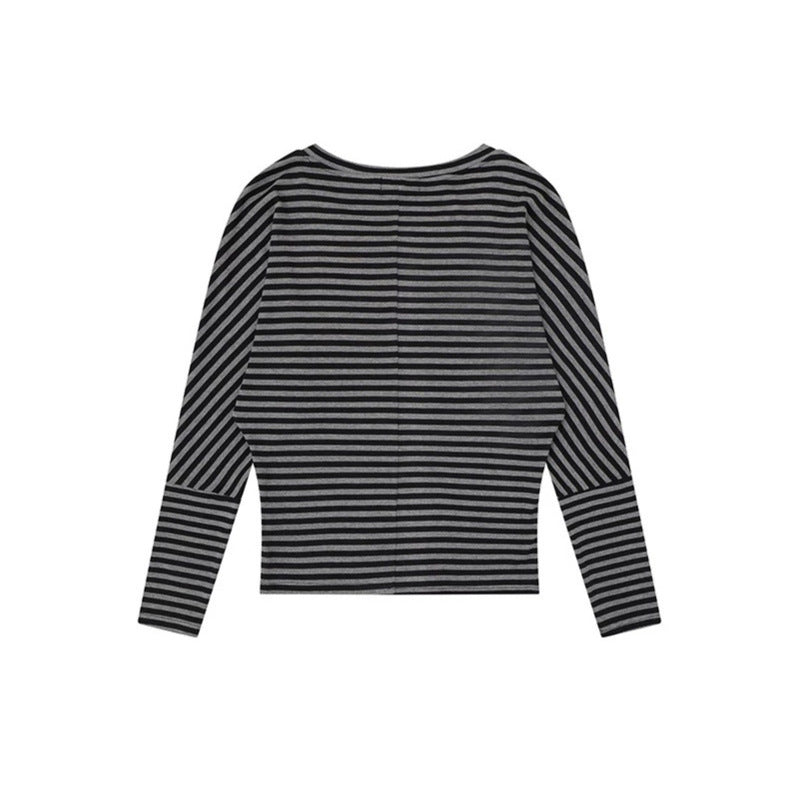 Women Striped Long Sleeve Round Neck Top made of Cotton Blend Chichicherry