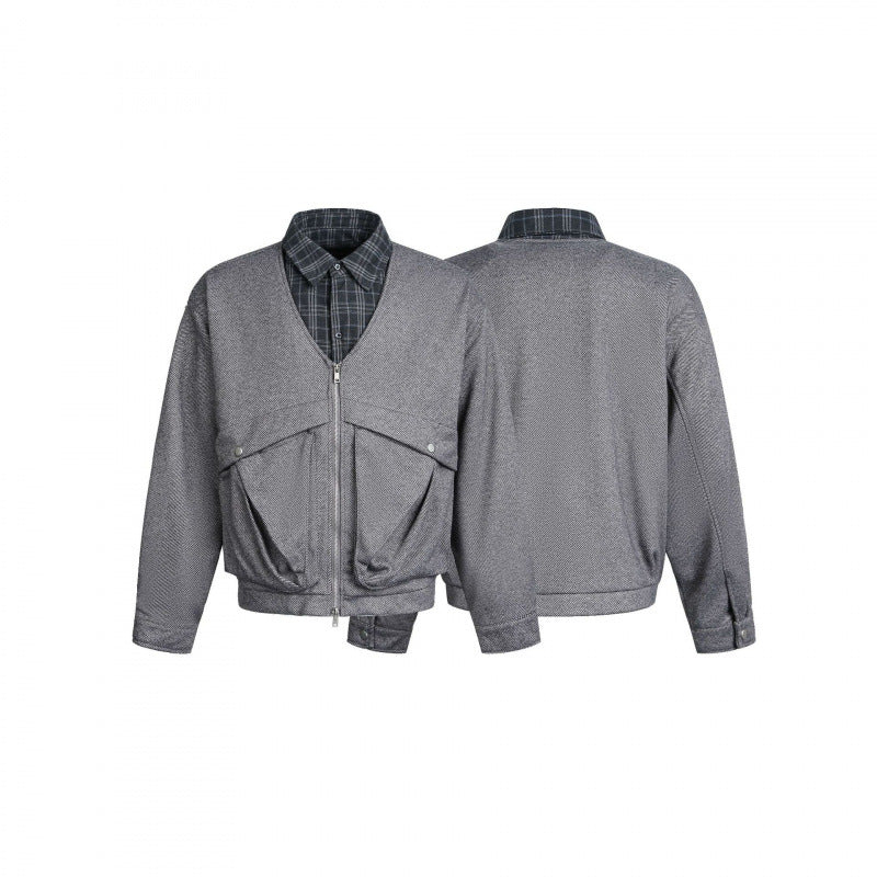 Men's short-cut utility bomber jacket with V-neck, patch pockets, and front zipper Chichicherry