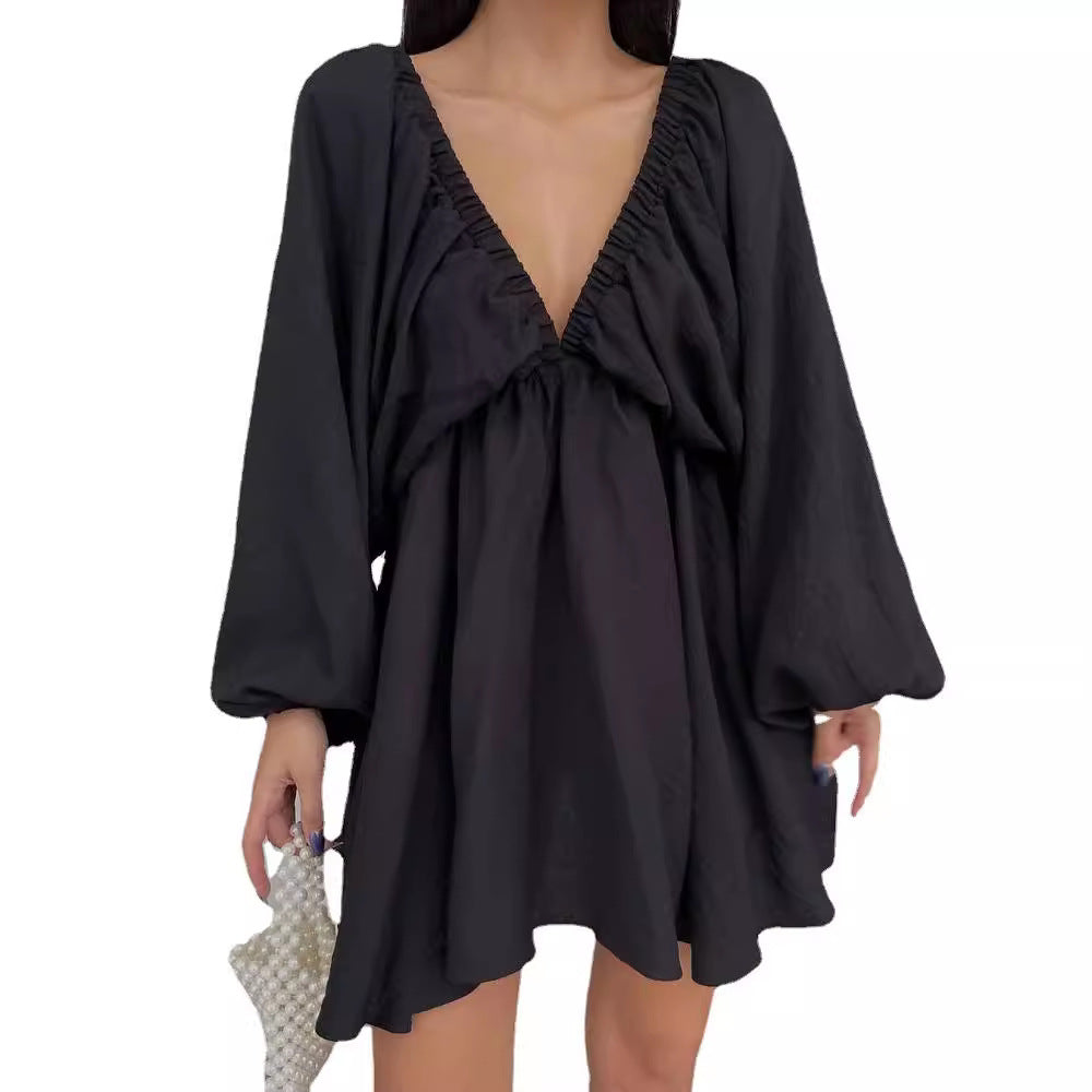Damen Lockeres Minikleid mit tiefem V-Ausschnitt und Ballonärmeln Chichicherry