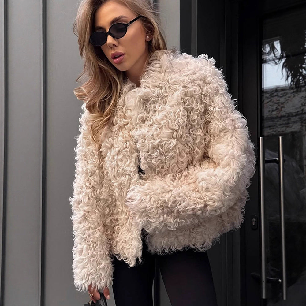 Women's Boxy Short Coat in Curl Teddy Look with Boxy Silhouette Chichicherry