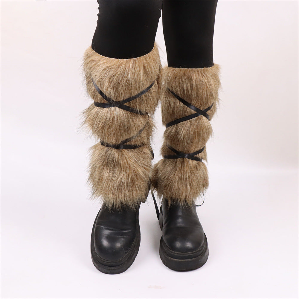 Ladies high-pile leg warmers with faux fur look and wrap straps Chichicherry