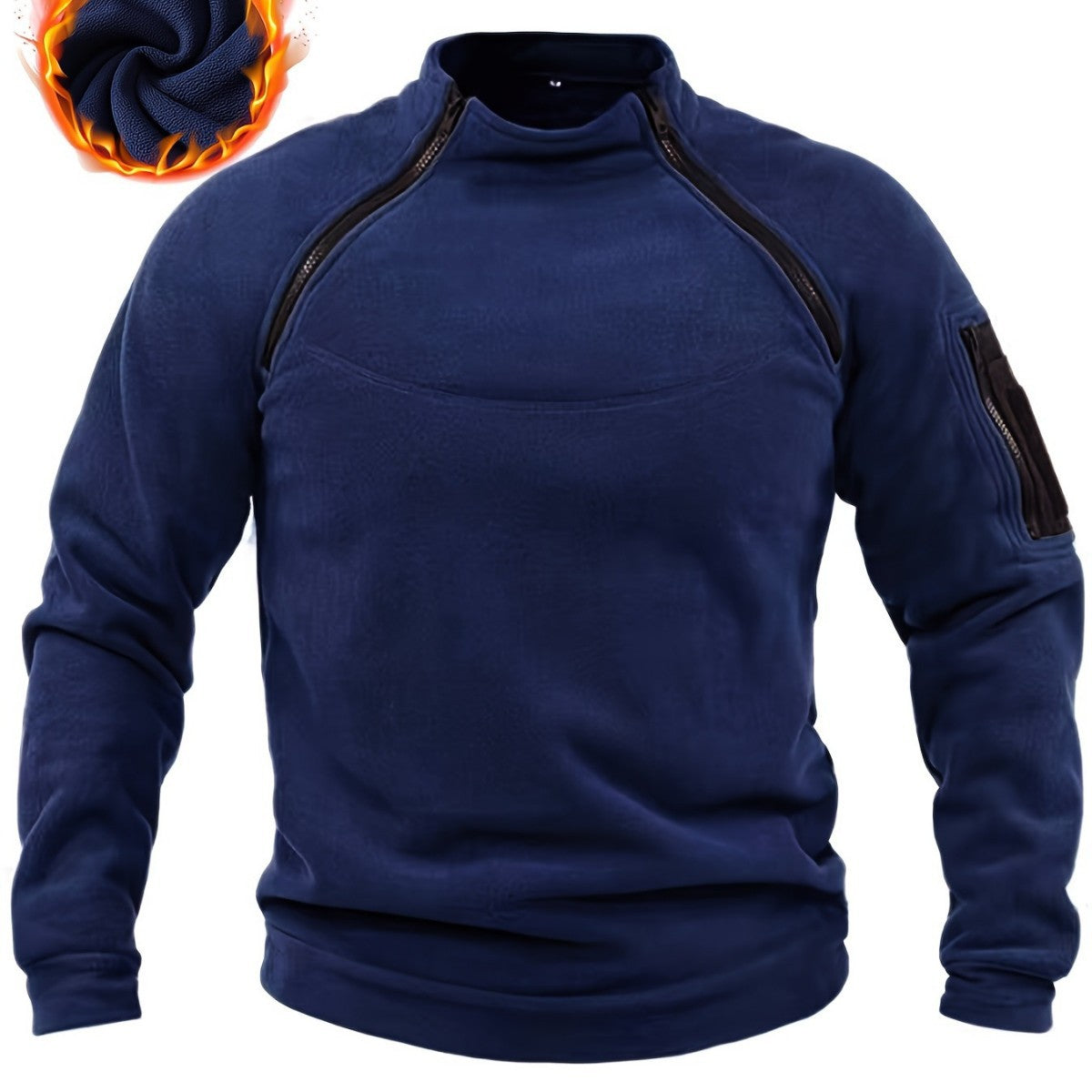 Men's Thermal Fleece Pullover with Shoulder Zippers, Stand Collar & Sleeve Utility Pocket Chichicherry