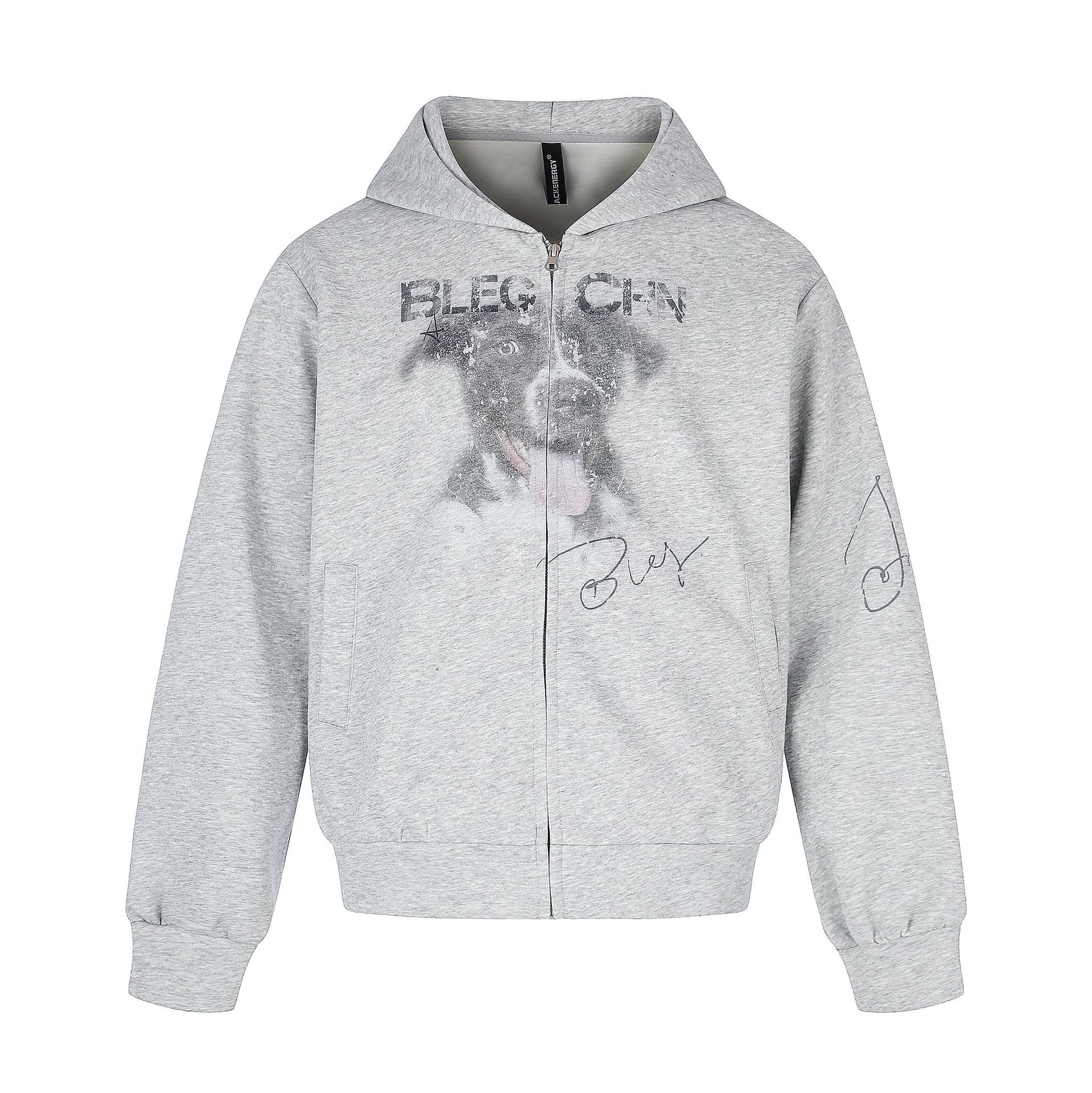 Unisex Short Cut Hooded Zip Jacket with Graphic Dog Print and Ribbed Hem Chichicherry