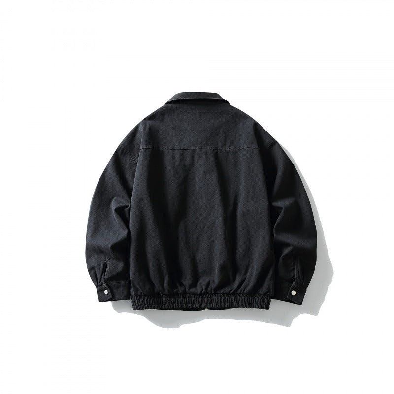 Men's Boxy Worker Jacket with Faux Leather Collar, Full-Length Zipper and Elastic Hem Chichicherry
