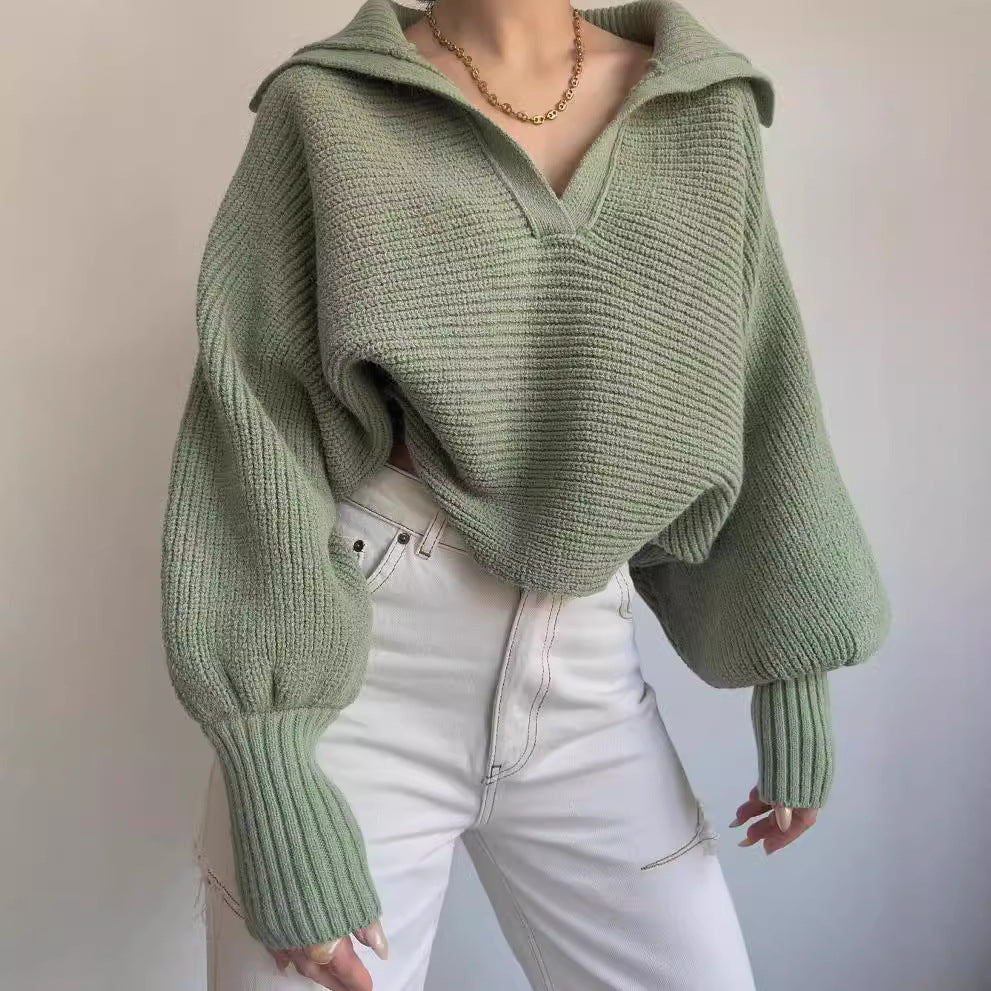 Damen Oversize Rippsweater mit Reverskragen und tiefem V‑Ausschnitt Chichicherry