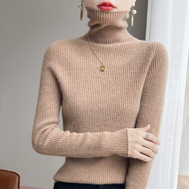 Women's Slim Ribbed Knit Turtleneck Sweater with Ruffled Neck and Cashmere-like Feel Chichicherry