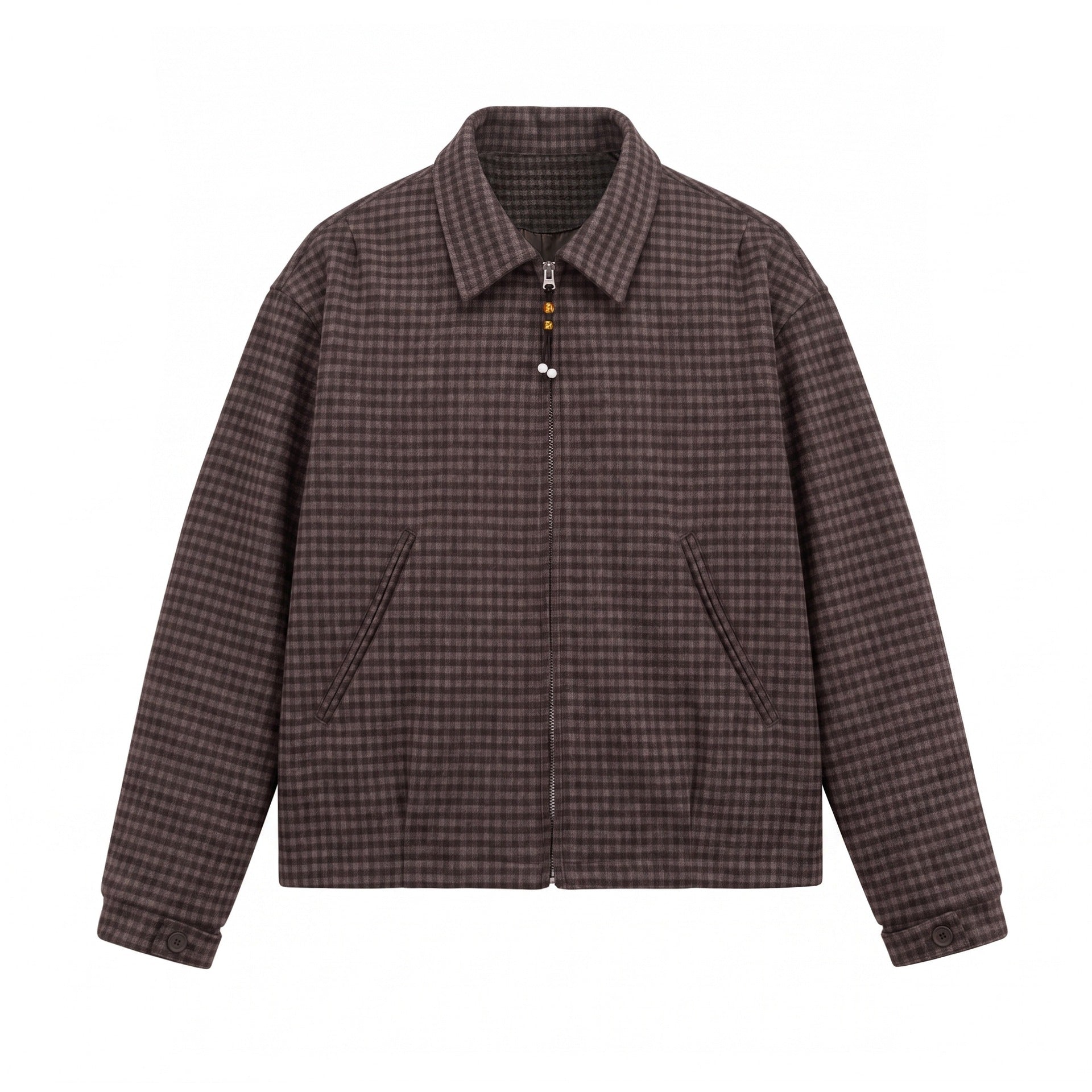 Men's Short-Cut Wool Blend Bomber with Houndstooth Pattern and Concealed Zipper
