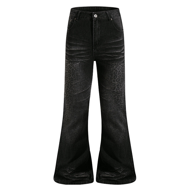 Women's High-Cut Flared Jeans with Subtle Leo Print and Used Wash Chichicherry