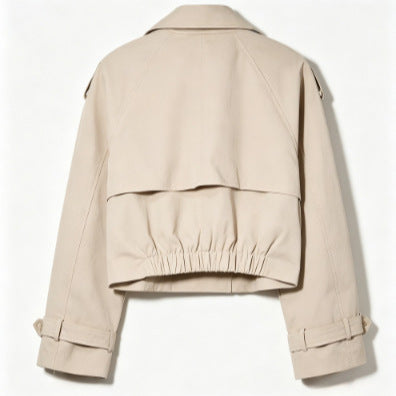 Women Short Cut Trench Coat with Double-Breasted Button Placket and Shoulder Flaps Chichicherry