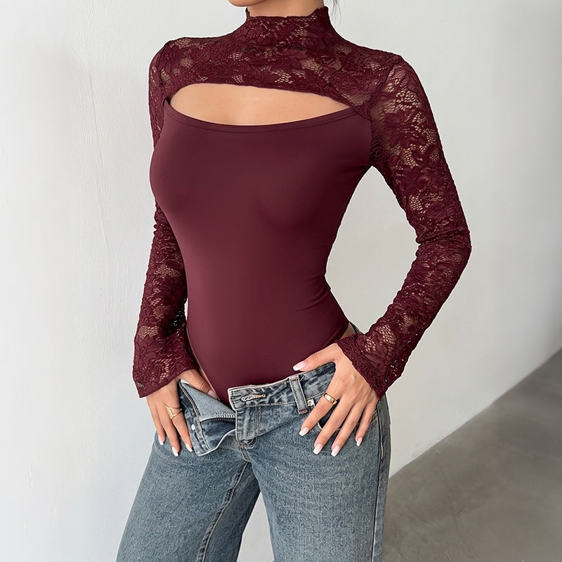 Women's lace bodysuit with cut-out, off-the-shoulder look and flared trumpet sleeves Chichicherry