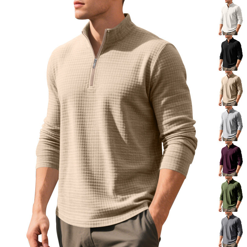 Men's Quilted Quarter-Zip Pullover with Check Pattern and Stand Collar Chichicherry