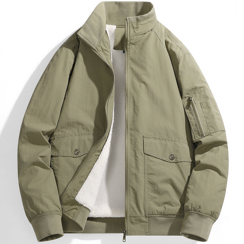 Men's Utility Flight Jacket with Teddy Lining, Stand Collar and Sleeve Pocket Chichicherry