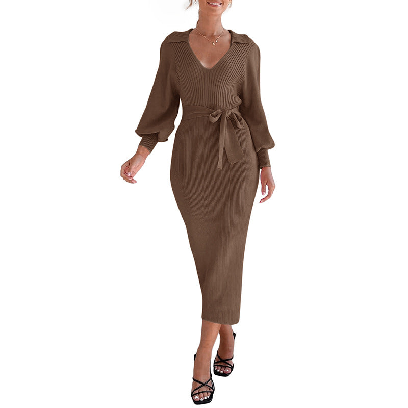 Women's midi dress made of ribbed knit with V-neck, shirt collar, balloon sleeves & tie belt Chichicherry