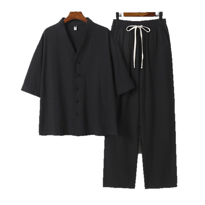 Men's kimono two-piece set made of linen blend with V-neck, patch pockets, and drawstring pants Chichicherry