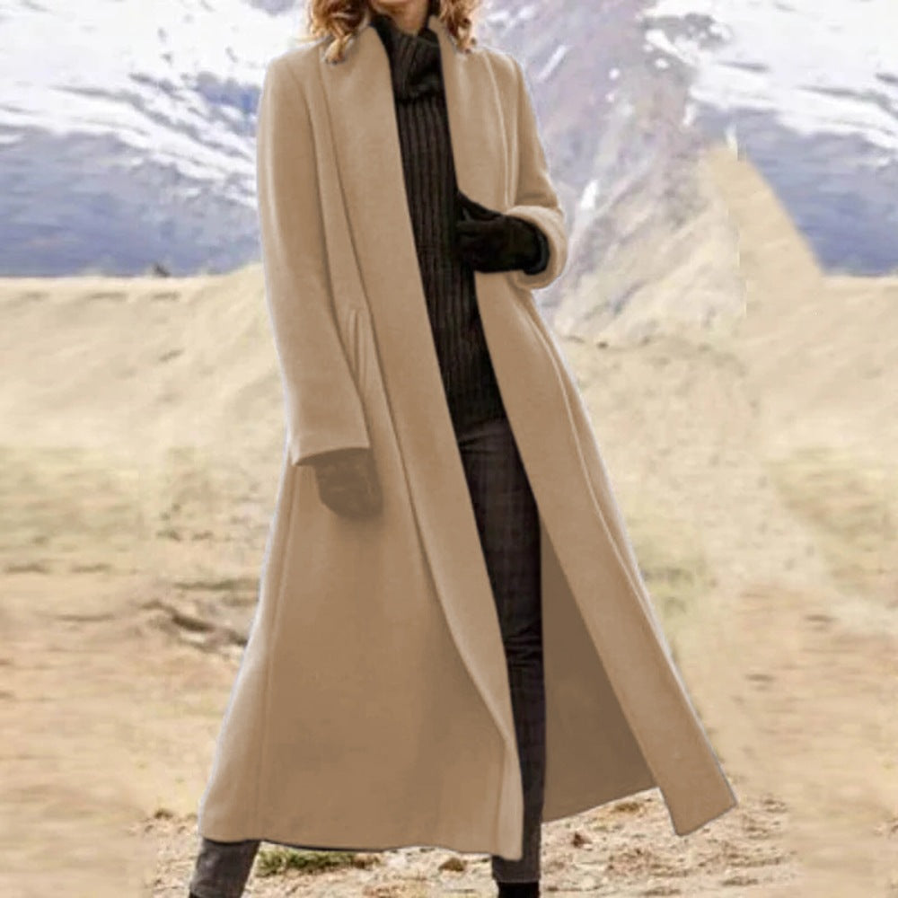 Women elegant long wool blend coat with open fall and side pockets Chichicherry