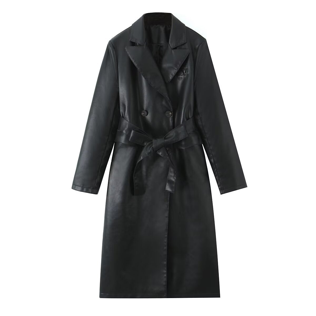 Women's longer tailored coat in leather look with tie belt and lapel collar Chichicherry
