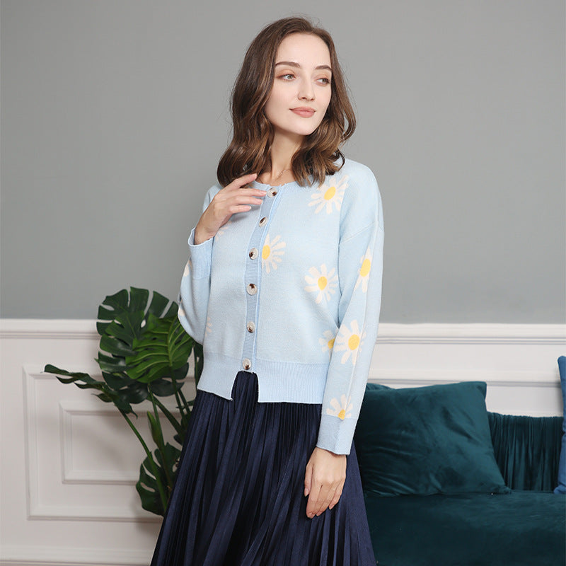 Women's Oversize Knit Cardigan with Flower Appliqué, Mother-of-Pearl Buttons and Wave Hem Chichicherry