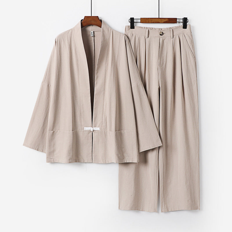 Women's Kimono Lounge Set made of lightweight viscose-linen with decorative toggle closure and wide waistband pants Chichicherry