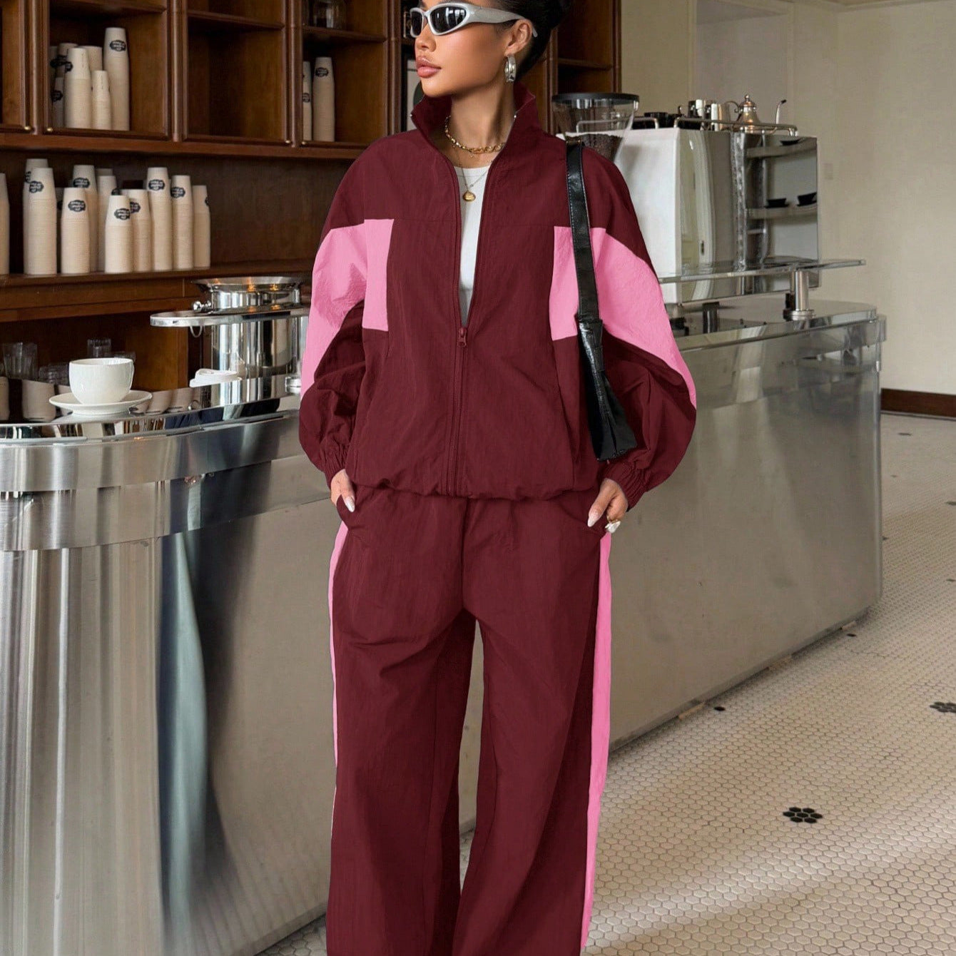 Women's Cropped Training Jacket and High-Cut Wide-Leg Jogging Pants Set Chichicherry