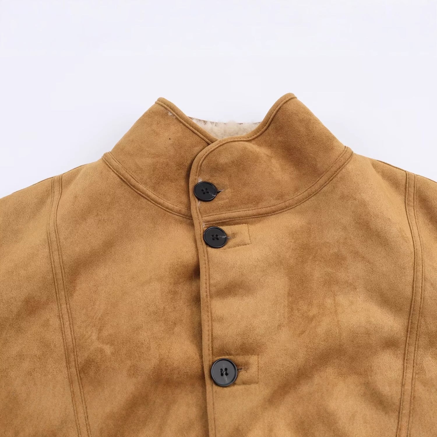 Women's Short Lambskin Imitation Jacket in Boxy Cut with Stand-Up Collar and Large Outer Pockets Chichicherry