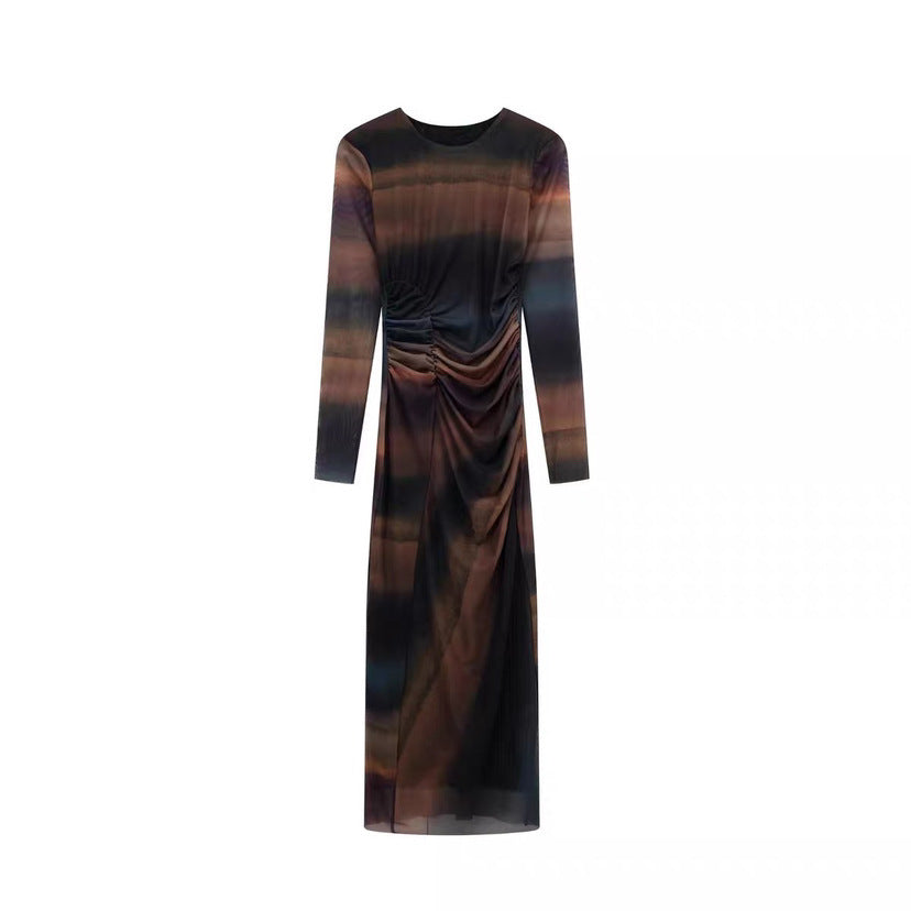 Women's Figure-Hugging Midi Dress with Side Draping and Round Neckline Chichicherry