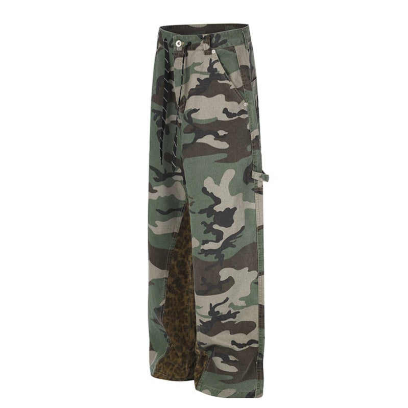 Women's wide cargo pants with camouflage print and leopard contrast stripes Chichicherry