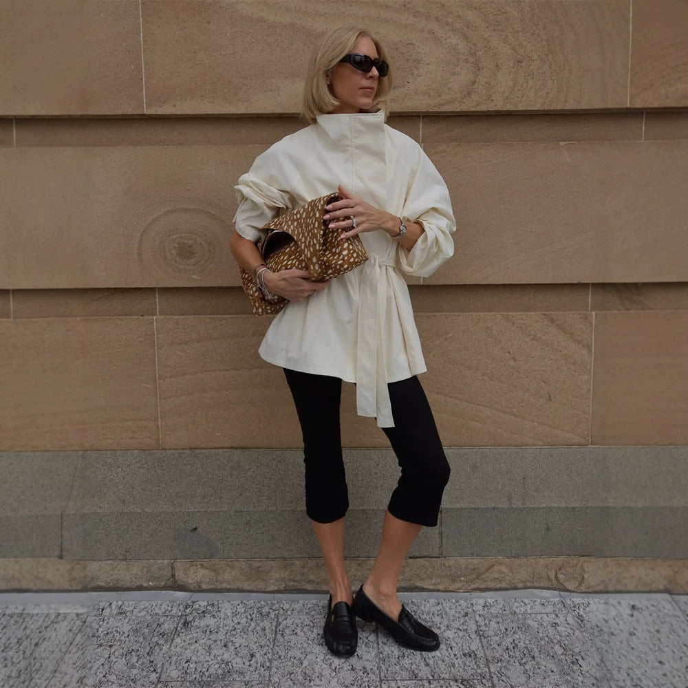 Women's Boxy Short Coat with High Stand Collar and Tied Belt Chichicherry