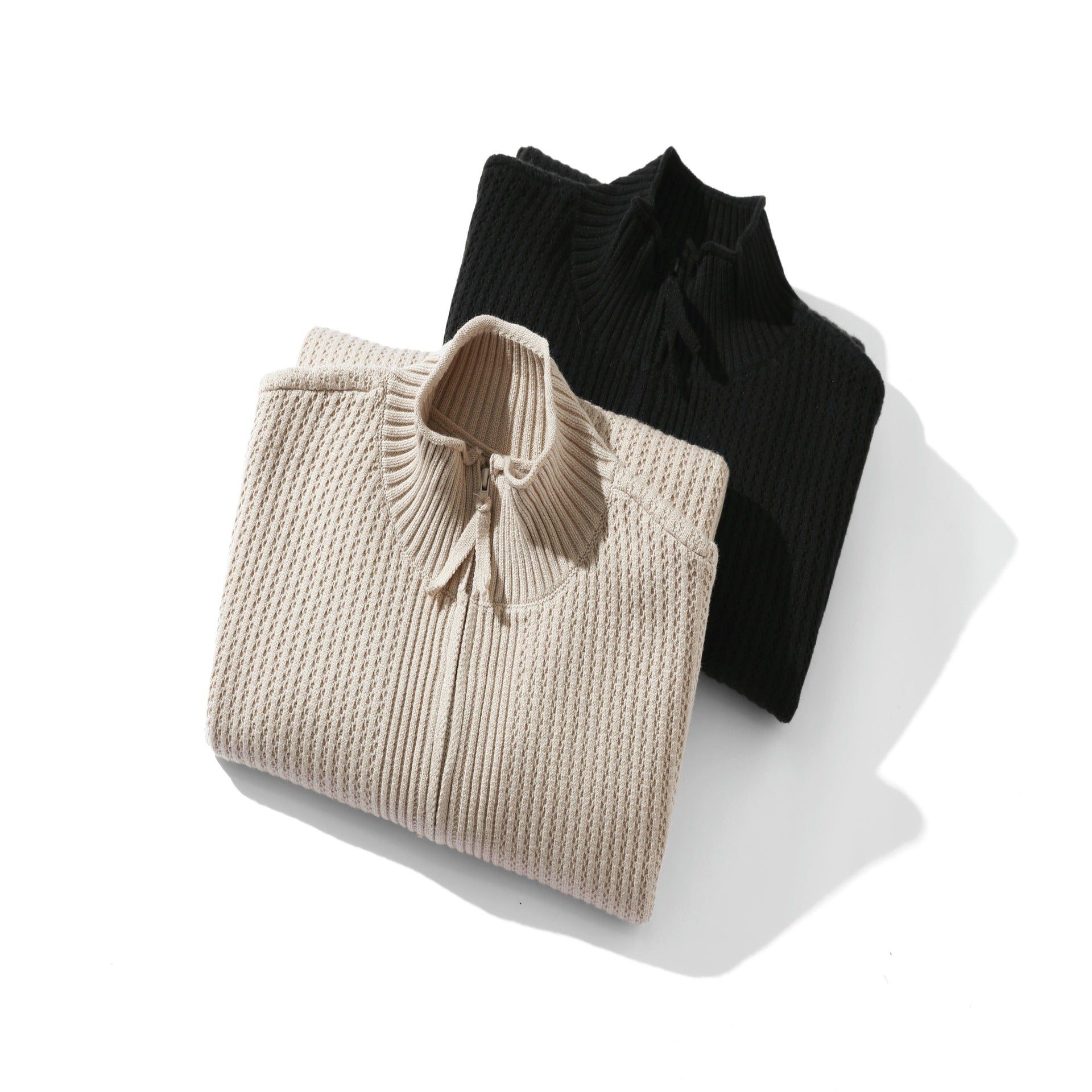 Unisex Structured Zip Sweater with High Ribbed Collar and Purl Pattern Chichicherry