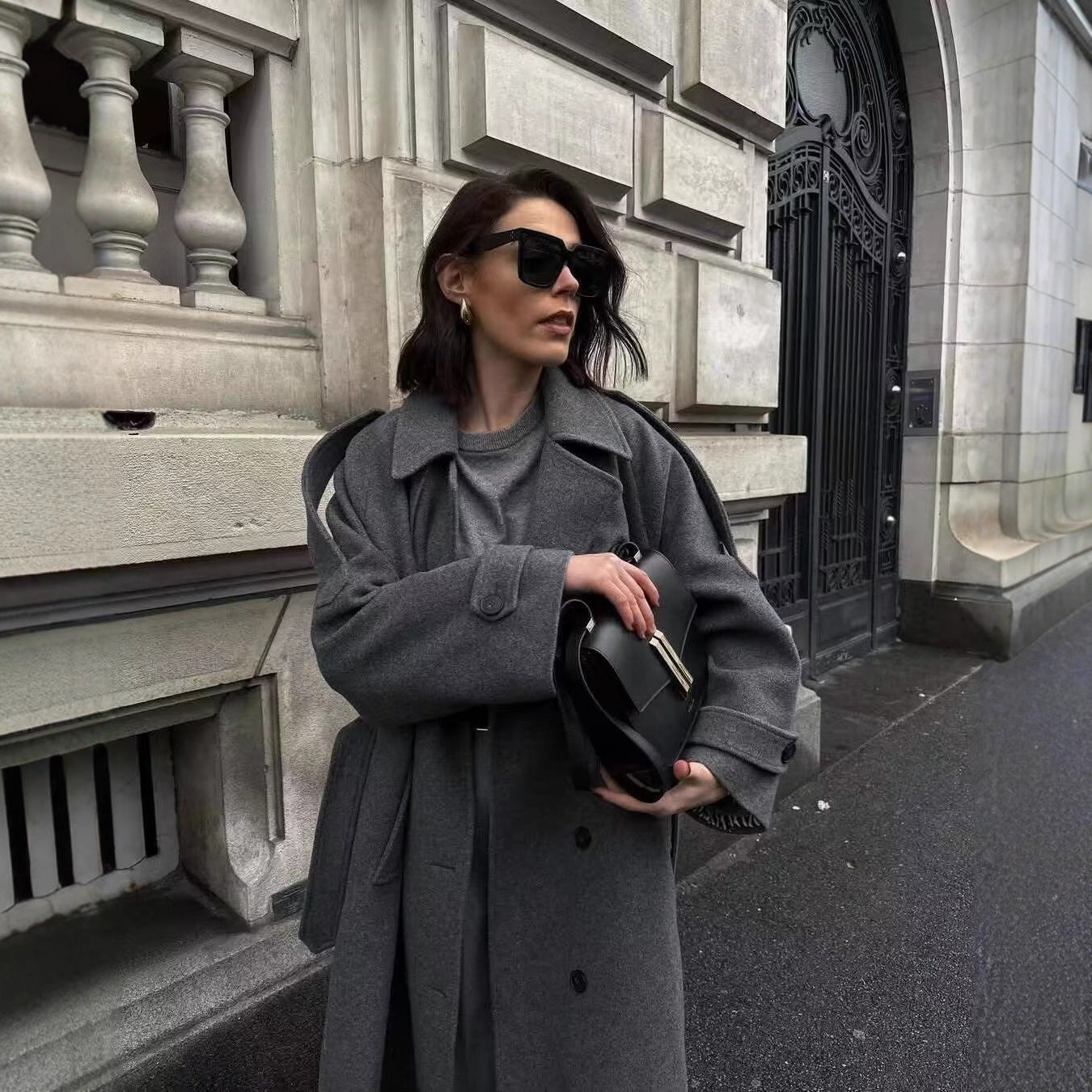 Women's Long Wool Trench Coat with Tie Belt Chichicherry