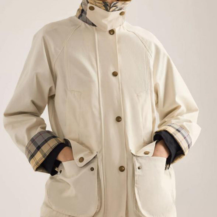 Women's transitional jacket with corduroy collar, checkered inner cuffs, and patch pockets Chichicherry