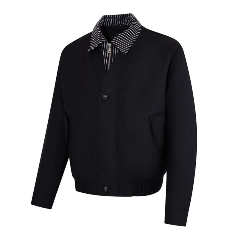 Men's short-cut blouson jacket with striped inner collar, concealed two-way zipper, and elastic hem Chichicherry