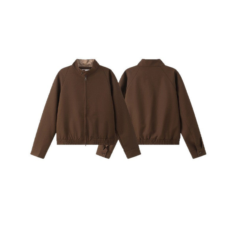 Unisex Short Cut Blouson Jacket with Stand-Up Collar, Elastic Hem and Checked Collar Lining Chichicherry