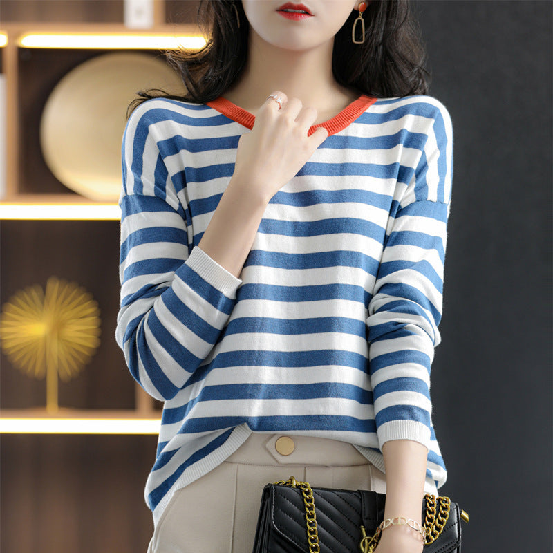 Women’s maritime-inspired striped fine-knit shirt with wide boat neckline and contrast edge Chichicherry
