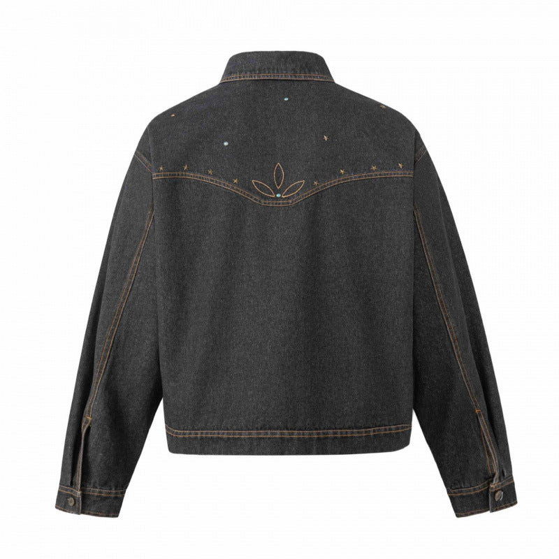 Unisex Oversize Denim Jacket in Boxy Cut with Western Embroidery and Flap Pockets Chichicherry