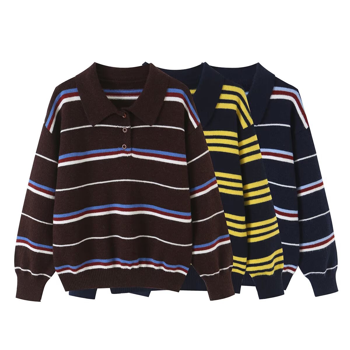 Women's Striped Knit Polo Sweater with Short Button Placket and Ribbed Cuffs Chichicherry