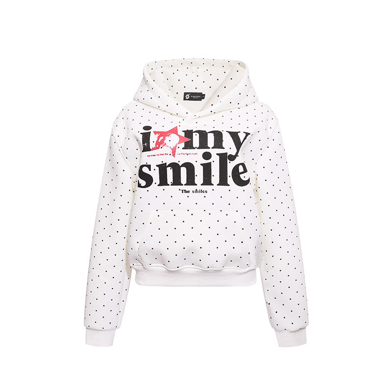 Women’s hoodie sweatshirt with polka dot pattern, kangaroo pocket and large typographic print Chichicherry