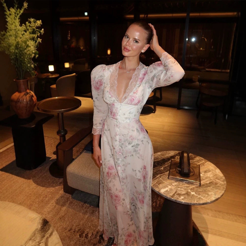 Women's Romantic Chiffon Maxi Dress with Lace V-Neck, Puff Sleeves and Front Slit Chichicherry